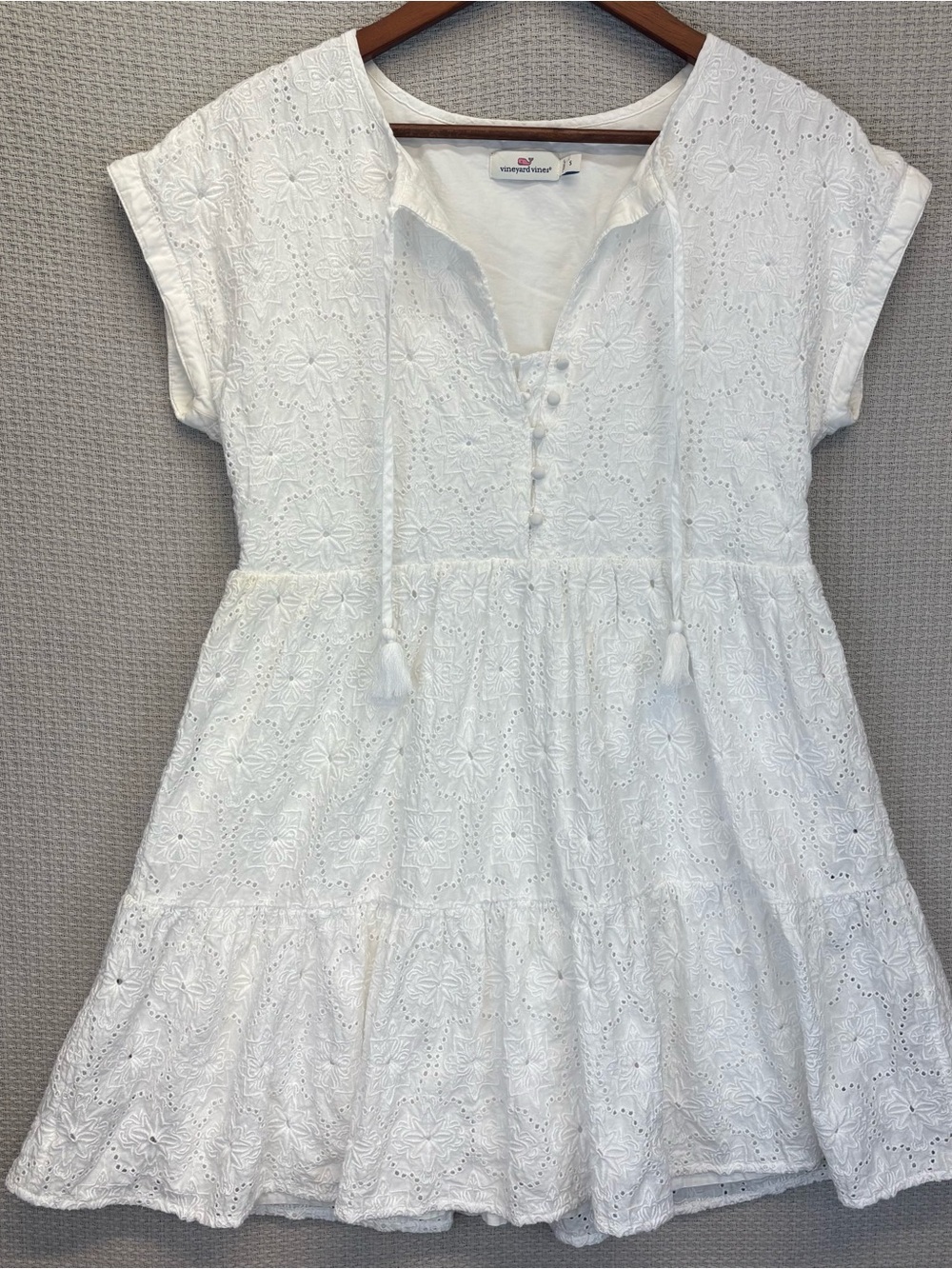 Vineyard Vines Island Eyelet Swing Dress White Cotton Tassel Tiered Small Boho
